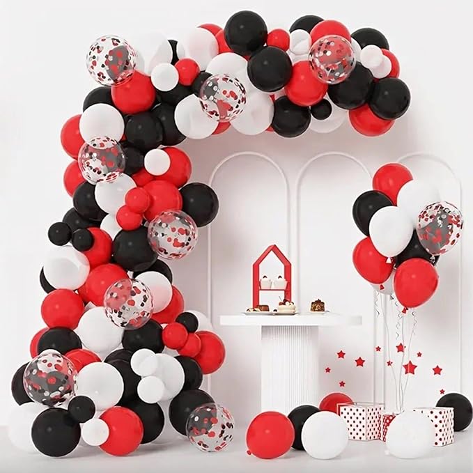 CANREVEL 50pcs 12 Inches Black Red Confetti Balloons Kit, Black Red White Party Balloons with Ribbons for Birthday, Wedding, Baby Shower, Graduation Decorations