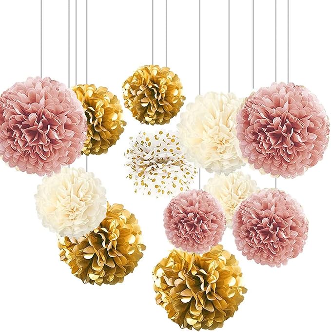 XIKSXITN 12 pc Gold Gradient Tissue Paper Pompoms-Hanging Gold Dot White Paper Pom Poms Paper Flowers Ball for Party Decorative(8&10&12 inch)