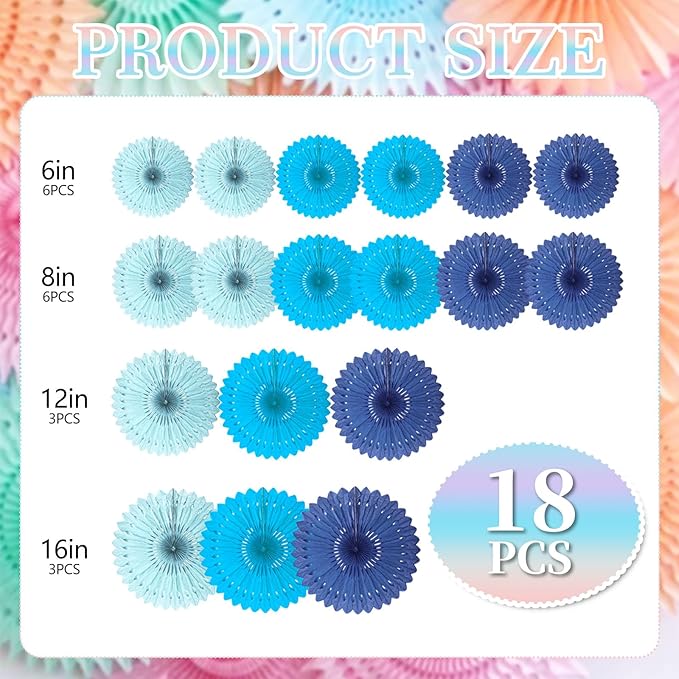 18 Pcs Blue Kit Hanging Honeycomb Paper Fans, Round Paper Fan Decorations for Weddings, Birthdays, Bachelorette, Photo Booth Backdrops, Baby Shower, Anniversary Events Party Supplies