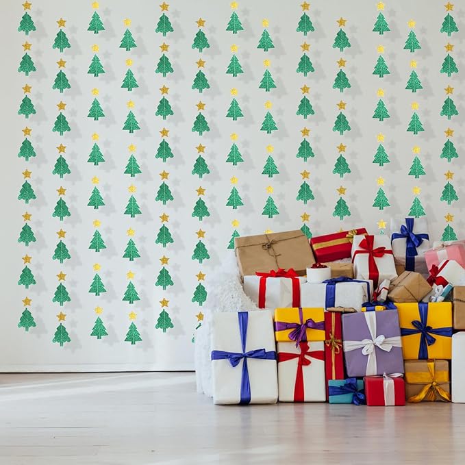40 Feet Green Christmas Tree Garland Glitter Star Garland Paper Banner Hanging Party Supplies, Christmas Ceiling Hanging Decorations for Baby Shower Birthday Party Decorations Christmas New Year