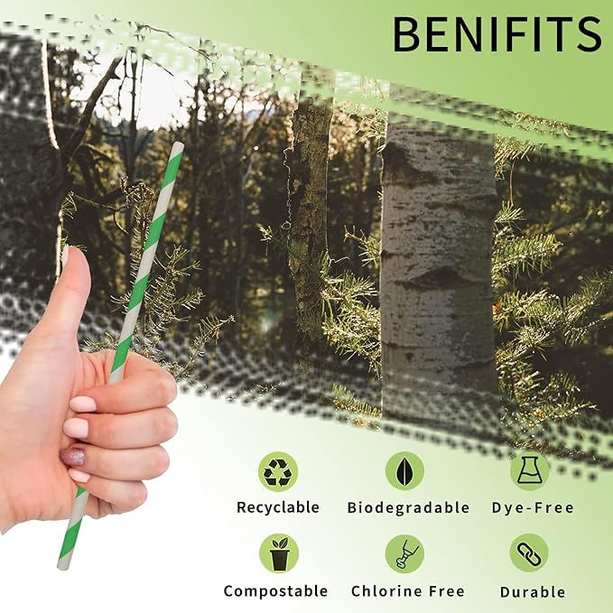 Green Stripes Paper Drinking Straws, Biodegradable Disposable Christmas Green White Striped Straws, Spring Green Straws 7.75 inch (100 of Box)