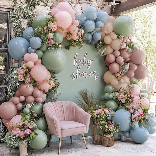 Pink Blue Green Balloon Arch Double Stuffed Dusty Green Pastel Blue Blush Mauve Latex Balloon Garland Kit for Boho Baby Shower Gender Reveal Floral Birthday Tea Party Decoration