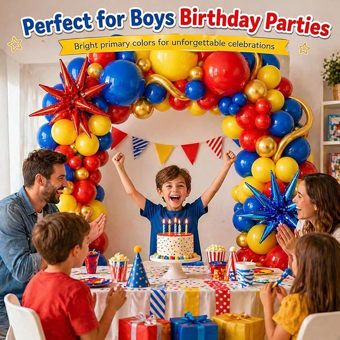 126Pcs Red Blue Yellow Balloon Arch Kit, Cartoon Hedgehog Theme Primary Color Balloon with Gold Circle Explosion Star Foil Balloon Garland Set for Boys Kids Carnival Circus Birthday Party Decorations