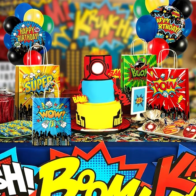 24 Pcs Hero Party Favor Bags with Handles - Hero Goodie Bags, Gift Bags. Comic Hero Theme Candy Bags for Kids, Kraft Paper Bags for Birthday Party Supplies and Baby Shower Decorations.