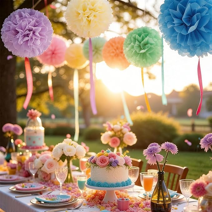 EASY JOY 15PCS Pastel Paper Tissue Pom Poms Decoration Macaron Rainbow Candy Ice Cream Easter Flowers Wall Hanging Decor for Birthday Wedding Baby Shower