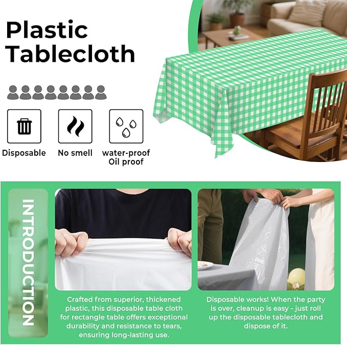 8 Pack Plastic Tablecloth 54" x 108" Disposable Table Cloths for 6 to 8 Foot Tables Rectangle Table Cover for Parties (Green Checkered, Rectangle)