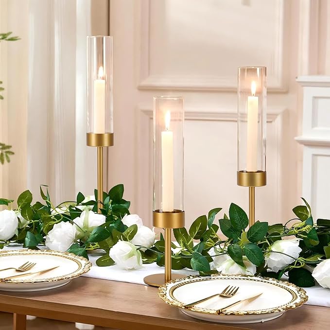 Glass Hurricane Candle Holders Set of 6-Gold Metal Base Taper Candle Stick Holders for CandlesticksHolder Decor, Elegant Dining Table Centerpiece for Wedding, Christmas & Home Decor