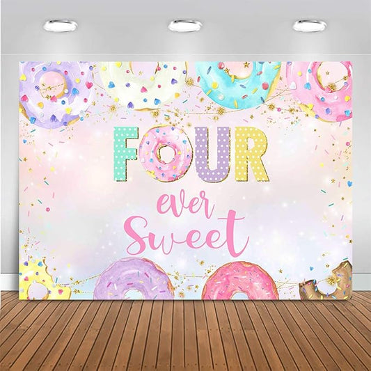 Mocsicka 4th Donut Birthday Backdrop Four Ever Sweet Donut Birthday Party Decoration Background Toddler Girl 4th Birthday Party Banner Supplies (8x6ft(96x72 inch))
