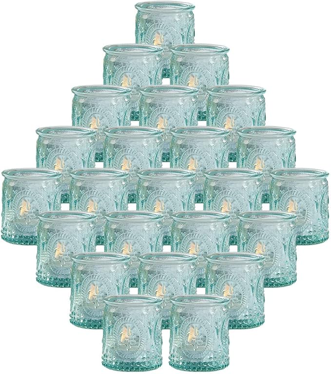 Kate Aspen Tea Light Holder - 24PCS - Vintage Glass Tealight Candle Holders, Perfect Wedding Favor, Bachelorette Favor or Bridal Shower Favor - Blue