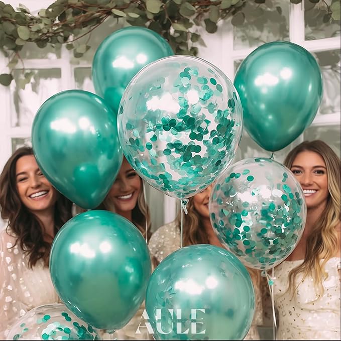 AULE Party Balloons Pack of 42 - Metallic Green Balloons & Confetti Balloons and 64ft Ribbons - 12 Inch Teal Green Balloon Decorations Set