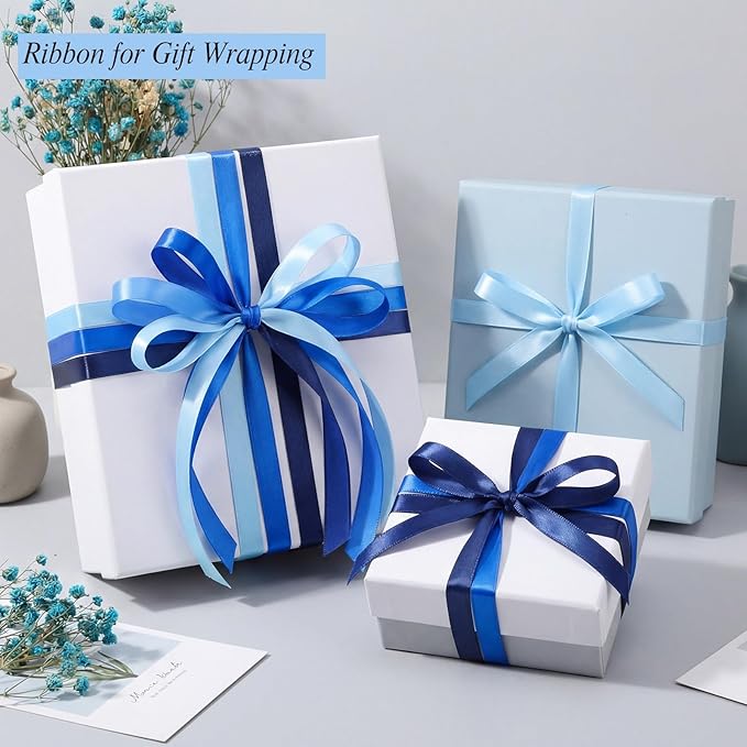 woric 120 Yards Blue Ribbon 3/8 Inch x 4 Rolls, 30 Yd/Roll, Light/Baby/Navy/Royal Blue Satin Ribbon for Graduation Leis Baby Bridal Shower Gift Wrapping
