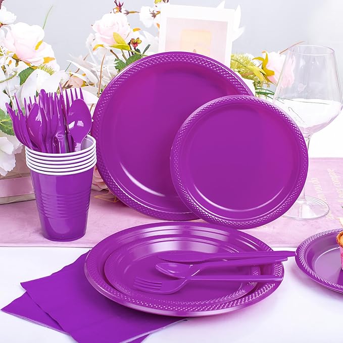 WELLIFE 210Pcs Purple Plastic Dinnerware Set, Party Supplies Including Party Plates and Cups and Napkins Sets for 30 Guests, Purple Plastic Plates