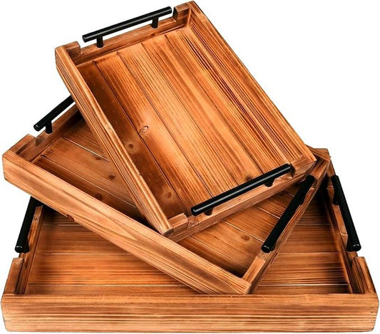 Coffee Table Tray Decorative Nested Vintage Wood Serving Tray Set for Eating, Breakfast, Party, Kitchen, Ottoman,Tea Coffee Table Large Ottoman Trays (Wood, 3Pc)