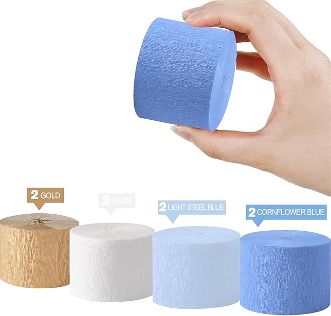 Blue Party Decorations, 8 Rolls Blue Gold Crepe Paper Streamers, for Birthday Anniversary Bridal Shower Wedding Graduation Decorations, 1.8 Inch x 82 Ft/Roll