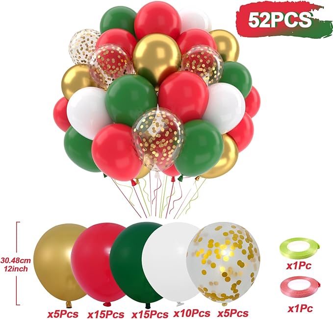 Patimate Red and Green Christmas Balloons Set, 50 pcs 12 inch Metallic Gold Green Red White Confetti Latex Balloons Kit for Christmas Grinch Birthday Party Decorations