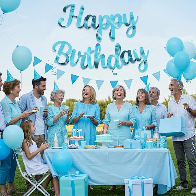 BEISHIDA Happy Birthday Banner - NO DIY,Double-Sided Lake Blue 10Feet Pre-Strung-Glitter Birthday Sign Garland Backdrop Decorations for Women men Party