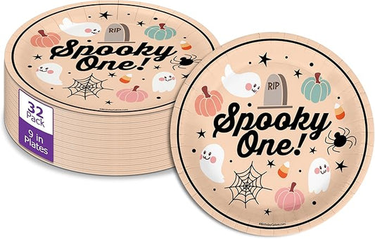 Spooky One First Birthday - 32 Piece Disposable Party Supplies - Decorations for Halloween 1st Birthday Round Party Plates - Large 9" Paper Plates In Bulk