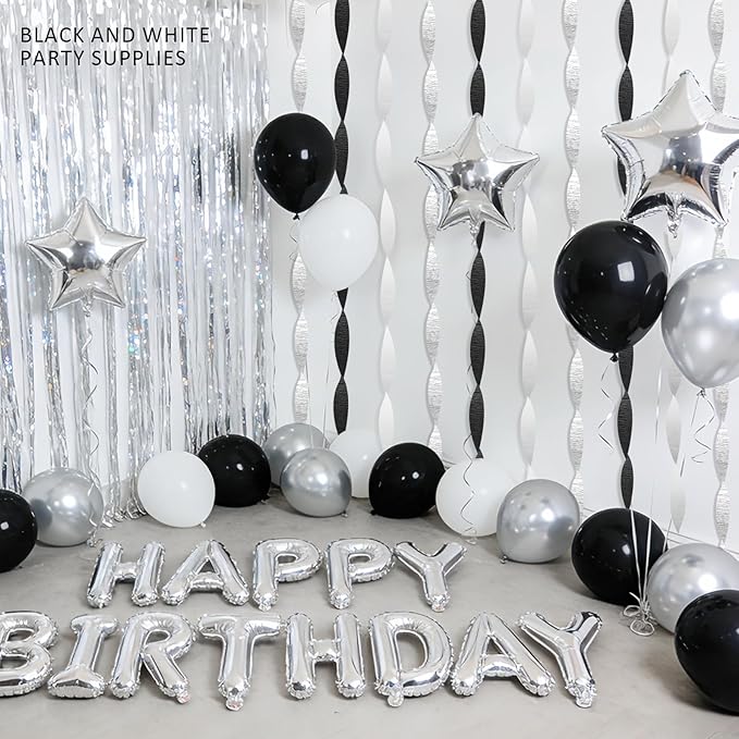 Black Silver White Crepe Paper Streamers - 6 Rolls Party Streamer Decorations for Graduation 2026, New Year's Eve, Birthday, Wedding, Retirement Party Supplies - Silver & Black Hanging Backdrop Decor