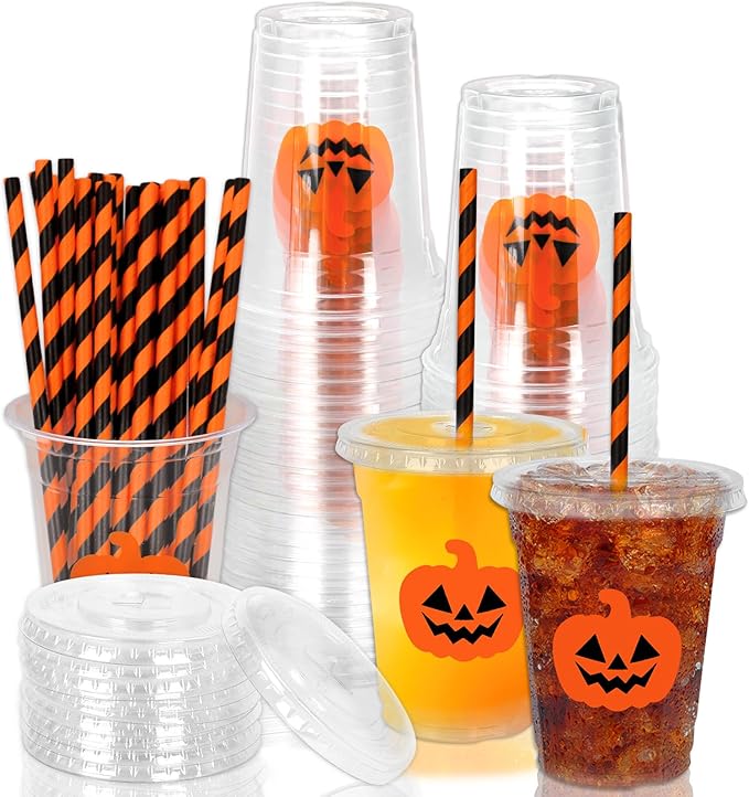 Whaline 50 Pcs Halloween Disposable Plastic Cups with Lids and Straws Orange Spooky Pumpkin Face Cold Beverage Drinking Cups for Trick or Treat Birthday Party Supplies