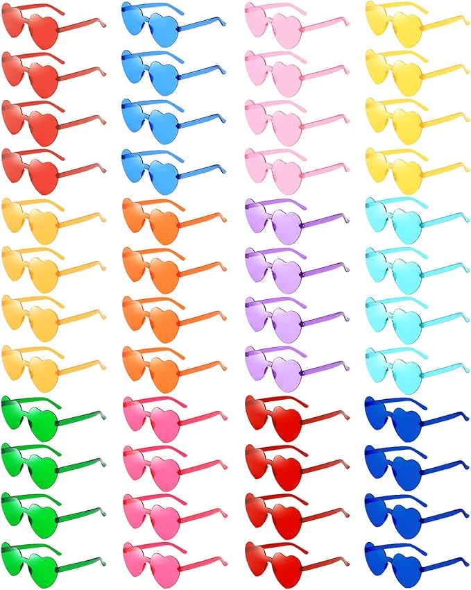 Pibupibu 48 Pack Fun Mixed/Heart/Star Party Sunglasses Bulk Adults, Rimless Colorful Bachelor Party Glasses