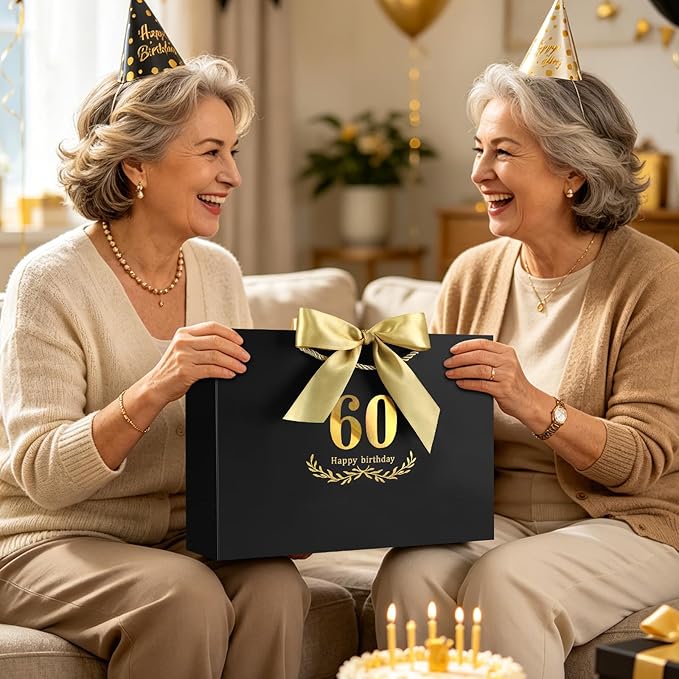 JMANNI Black Gold 60th Birthday Gift Bag with Card and Tissue Paper, 14.2"×9.84"×4.3" Large Present Bag for Men Women, 60 Year Old Birthday Keepsake Party Supplies