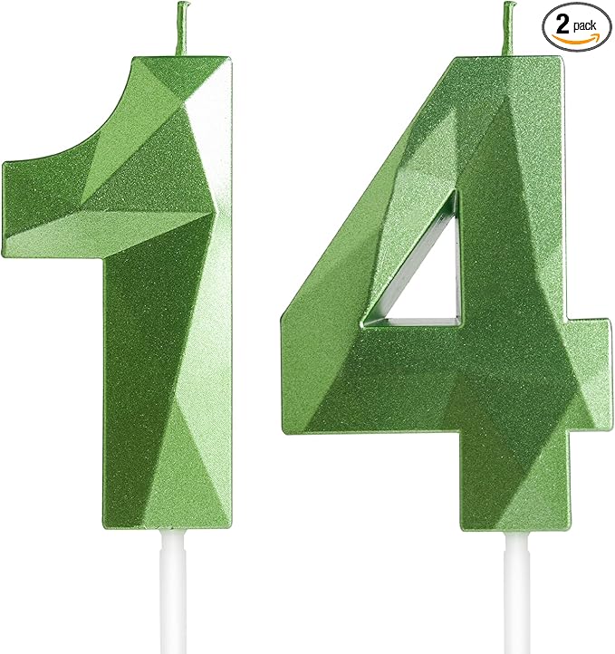 Yiran Number 14 Candles,14th Birthday Candles,Green Happy Birthday Candle for Cake,3D Design Cake Topper Decorations for Girl Women Pet Birthday Party Wedding Anniversary Celebration Supplies