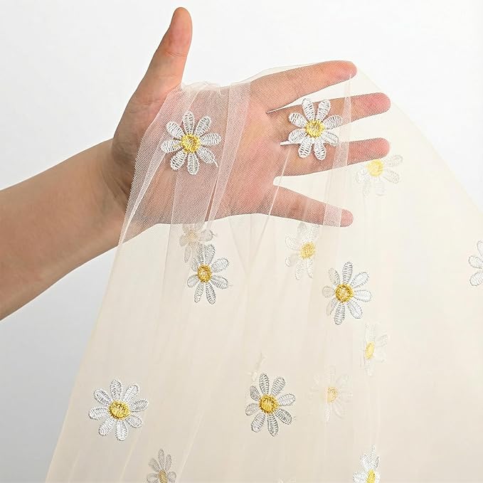 Horaldaily Champagne Embroidery Daisy Spring Summer Gauze Tablecloth 60×104 Inch Rectangular, Seasonal Tulle Table Cover, Garden Party Decorations for Wedding, Party, Holiday Dining