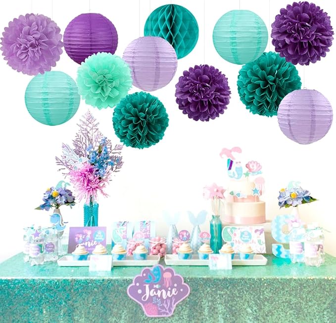 Teal-Purple Party-Decorations Paper Flowers Lanterns - 15PCS Lavender Girl Mermaid-Birthday Tissue Pom Poms Streamers,Baby Bridal Shower Wedding Classroom Hanging Supplies Decor Hugfond