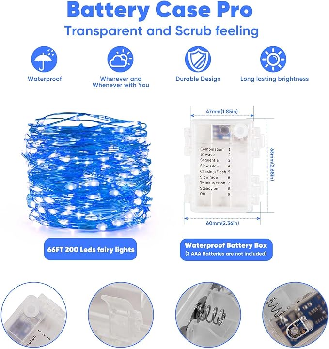 Ariceleo 4 Pack 65.6 Ft. Battery Operated Outdoor String Lights with Remote & Timer, LED Blue Fairy Lights, Waterproof Twinkle Lights for Bedroom, Dorm, Mason Jar, Wedding, Party, Christmas