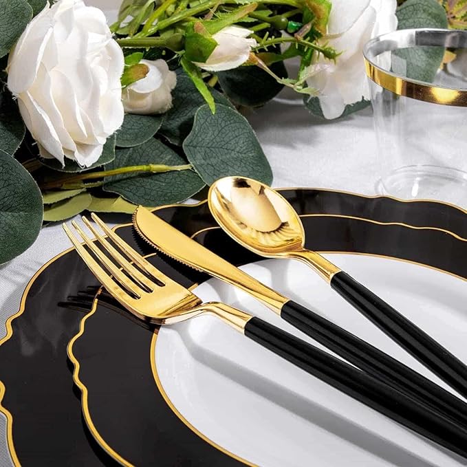 WDF 30Guest Black and Gold Plastic Plates - Gold Plastic Silverware With Black Handle Baroque Black and Gold Disposable Dinnerware for Graduation/Wedding/Party/Birthday