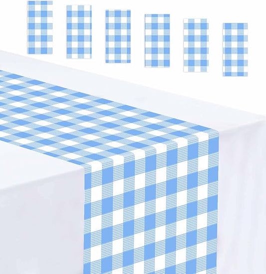 6 Pcs Light Blue and White Checkered Table Runner Plastic 14 x 108 Disposable Baby Blue Gingham Table Runner for Birthday Wedding Baby Shower Party Table Centerpiece Decorations