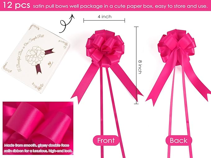 HUIHUANG Hot Pink Bows 12 PCS Fuchsia Pink Satin Pull Bows 4" x 8" Present Bow for Gift Wrapping, Gift Basket, Paper Bag, Wrapping Accessories, Bridal Shower Wedding Christmas Decor