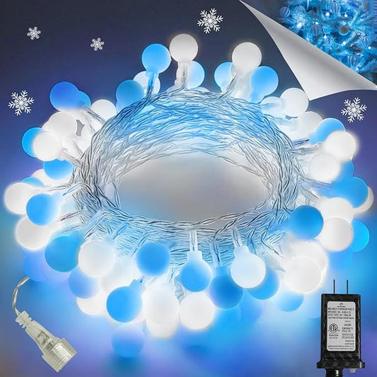 LORRYTE 43FT Connectable String Lights Indoor Outdoor | 100LED Blue and White Globe Fairy Lights Plug in with Timer, 13 Modes Hanging Light for Bedroom Classroom Wedding Party Girl's Room Decorations