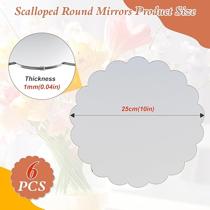 Starry 6 Pack 10 Inch Round Mirror Centerpieces for Tables Shatterproof Acrylic Scalloped Round Boards with Smooth Edge,Decorative Mirror Trays for Wedding,Party,Candle,Table Decorations,1mm Thick
