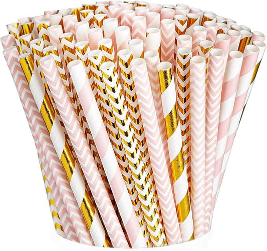 GUSTO [200 Pack] light Pink & Gold Paper Straws Disposable, 100% Biodegradable Multi-Pattern Party Straws For Birthday, Wedding and Holiday Decoration - Formerly Comfy Package