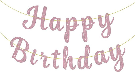 Pre-Strung Glitter Happy Birthday Banner Signs Birthday Garlands Banners Flag for Women Men Party Backdrop Decorations Pink