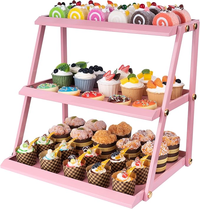 WWN Thickened metal 3 Tier Cupcake Stand with Pink Coating - Elegant Dessert Tower- Cookie Tray Rack- Tea Party Serving Platter- Easy Assembly Pink Cake Stand for Wedding Baby Shower