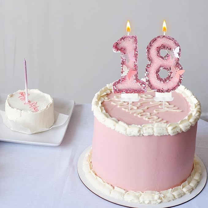 18Th Birthday Candles，Glitter Butterfly Cake Toppers Pink Sequins Wedding Numeral Cupcake Decorations，Suitable for Girl and Boy Wedding Cakes, Party Celebrations, Birthday Decorations (18)