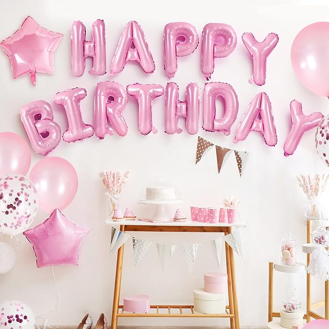 CANREVEL Happy Birthday Banner 13pcs 16 Inch Mylar Foil Letters with 12pcs Star Balloons Birthday Party Decorations for Kids and Adults - 3D Pink