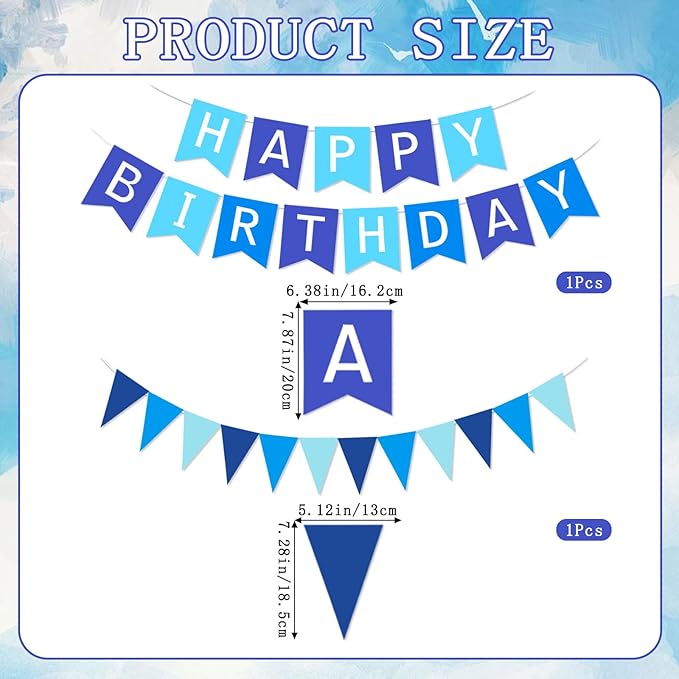 Blue Birthday Party Decorations, Happy Birthday Banner Triangle Flag Bunting Banner Garland 8PCS Glitter Star Hanging Swirls Streamers Birthdays Banner Sign Boys Girls Women Men Blue Party Supplies