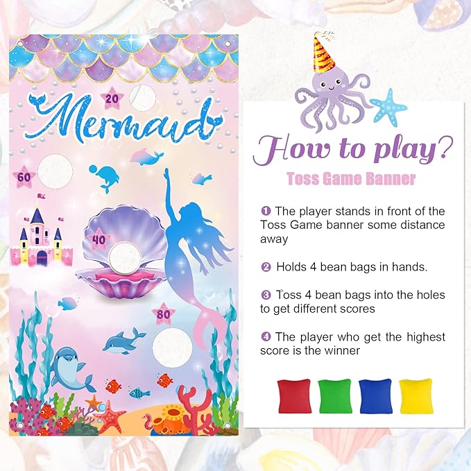 iPartycool Mermaid Toss Game, Mermaid Birthday Party Games, Mermaid Bean Bag Toss Games, Mermaid Party Supplies, Mermaid Backdrop Mermaid Party Games for Kids Adults Outside Activities Outdoor Games