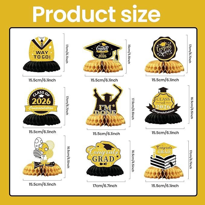 Graduation Decorations 2026 Black Gold Centerpieces 9 Pcs, Class of 2026 Graduation Table Decorations, Grad Party Decor for High School College, Graduation Party Supplies