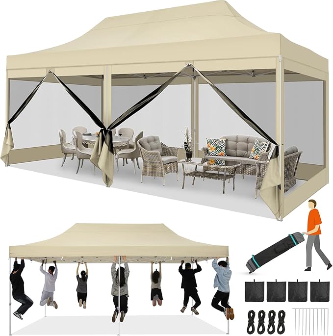 COBIZI 10x20 Heavy Duty Pop Up Canopy Tent with 6 Sidewalls, Easy Set Up Outdoor Waterproof Screen Commercial Party Tent with Mosquito Netting for Parties Backyard Patio, Roller Bag, Khaki