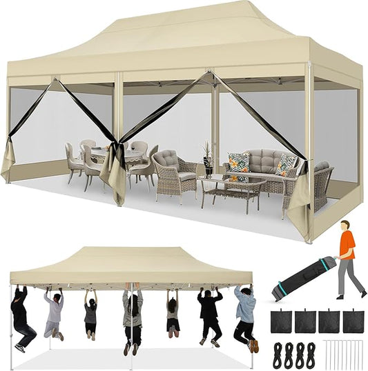 COBIZI 10x20 Heavy Duty Pop Up Canopy Tent with 6 Sidewalls, Easy Set Up Outdoor Waterproof Screen Commercial Party Tent with Mosquito Netting for Parties Backyard Patio, Roller Bag, Khaki