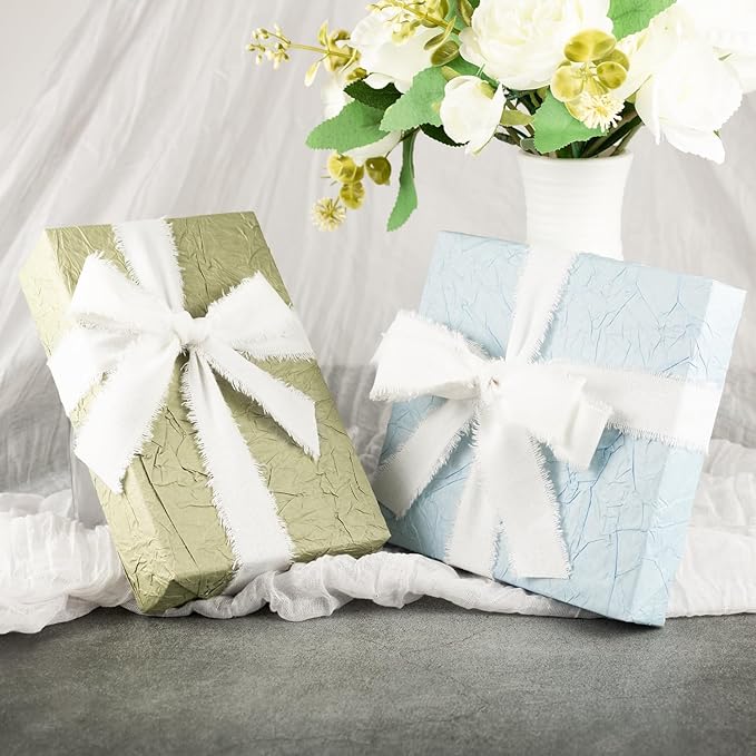 White Cotton Ribbon 1 Inch White 3 Rolls 21 Yards Frayed Edge Fabric Set for Wedding Invitations, Bridal Bouquet Wrap, Baby Shower, Christening & Gift Wrapping