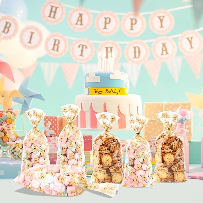 100 Pcs 5 x 11 Inch Clear Cellophane Treat Bags with 100 Gold Twist Ties, Bear Printed Food-Safe Plastic Bags for Gift Wrapping, Birthday, Wedding, Valentine's Day, Party, Classroom Gifts