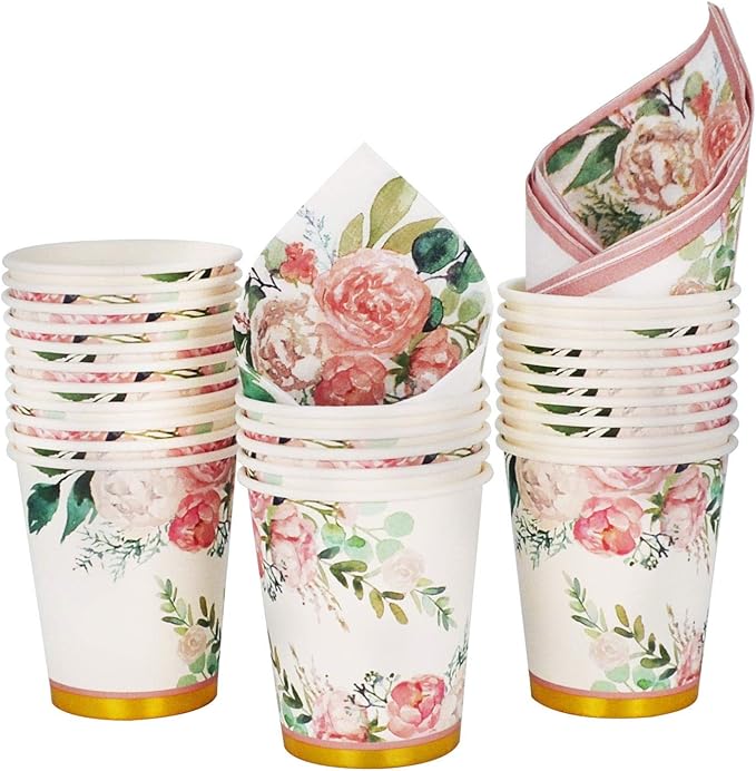 Boosolo Floral Party Supplies paper plates and Napkins Sets for 24 Guest-Include Floral Disposable Paper Plates,Cups,Napkin forr Bridal Shower,Birthday,Wedding,Bachelorette party Supplies