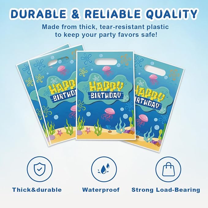 Zeroom Sponge Birthday Party Favor Bags with Handles, 30 Pcs Ocean Theme Birthday Decorations Goodie Goody Bags, Candy Treat Gift Loot Bags for Kids Party Supplies