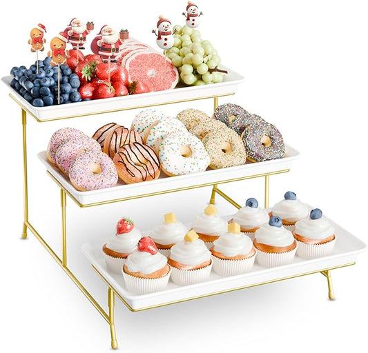 3-Tier Melamine Serving Tray Set, 14"x7" Platters for Serving Food, White Reusable Trays with Golden Metal Display Stand for Cupcakes, Sevring Food, Dessert, Fruit, Cookie, 24K Gold-Plated