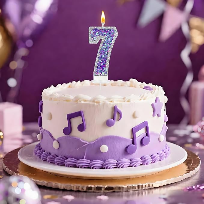 K-pop Number 7 Birthday Candle, Star Glitter Filled Number Candle, Purple Silver Fantasy Cake Topper for Birthday Party Decoration